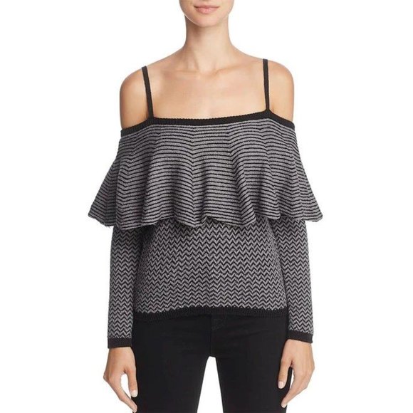 NWT BB DAKOTA DEBNEY COLD SHOULDER RUFFLED POPOVER CHEVRON SWEATER  M - Picture 1 of 5